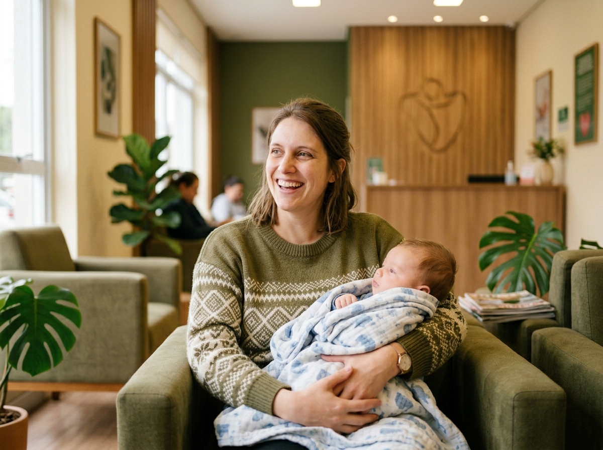 Mãe feliz com bebê após vacinação